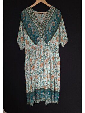 💙 BloomChic Plus Size Boho Floral Dress Size 22-24 Teal Pockets Peasant Midi Fe